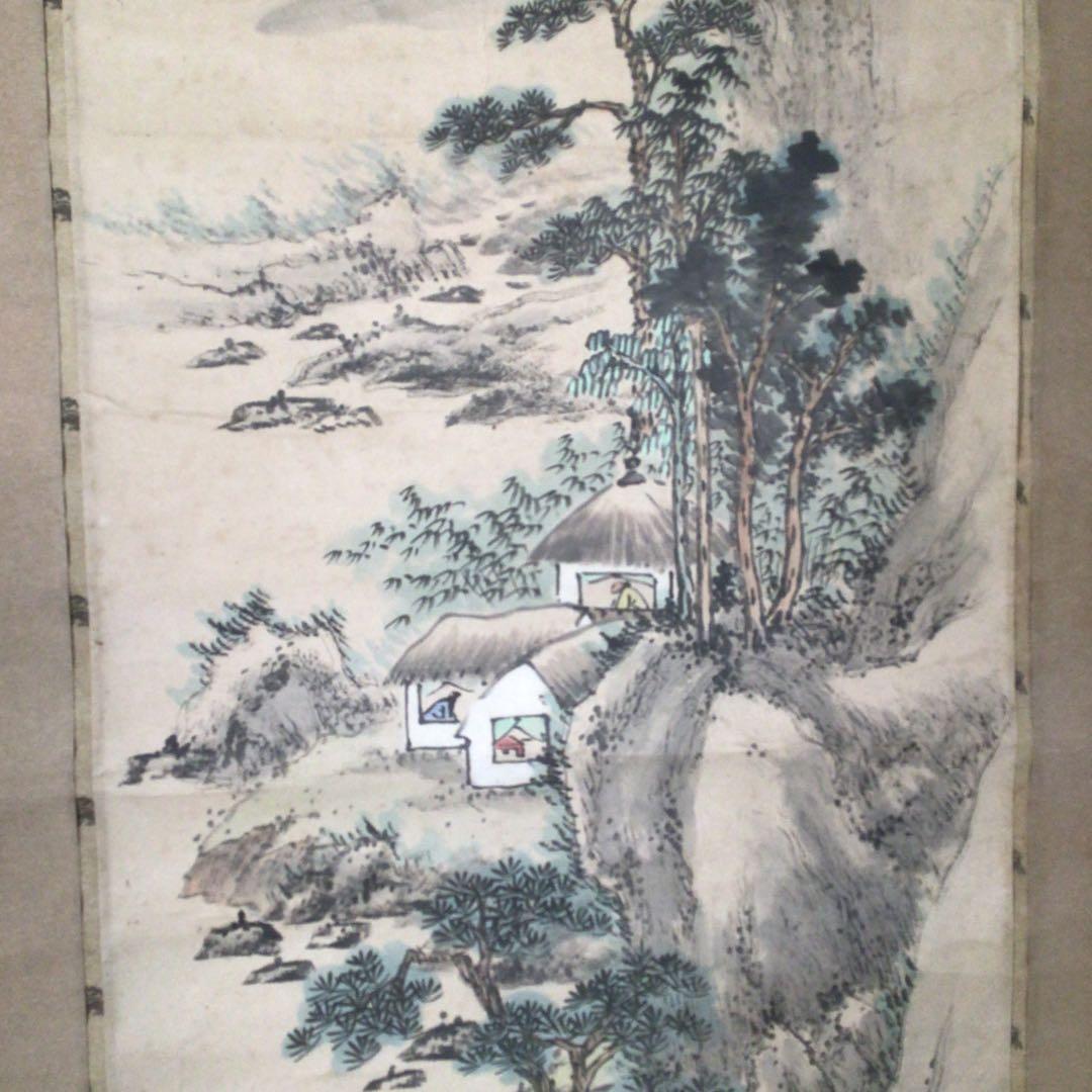 No4421 掛軸　水墨山水画　松渓　肉筆紙本　茶道具　古画　古美術　送料無料