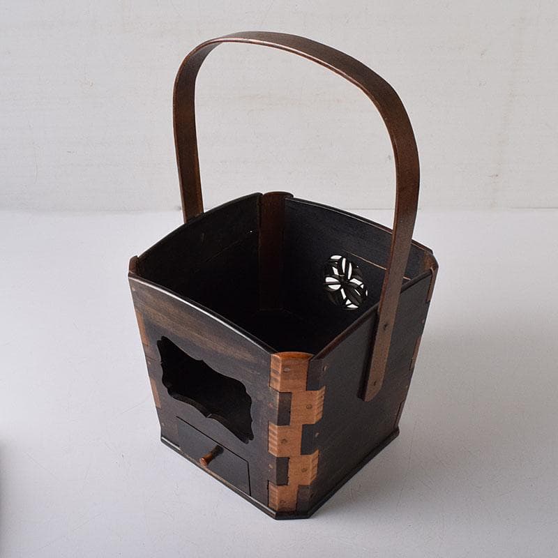 茶道具　唐木縞黒檀製　持ち手付煙草入　煙草盆　C　R7616C