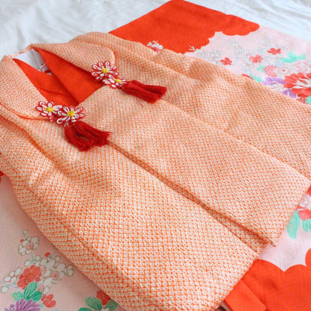 七五三 3歳 女の子 子供 オレンジ 正絹 着物 被布 セット