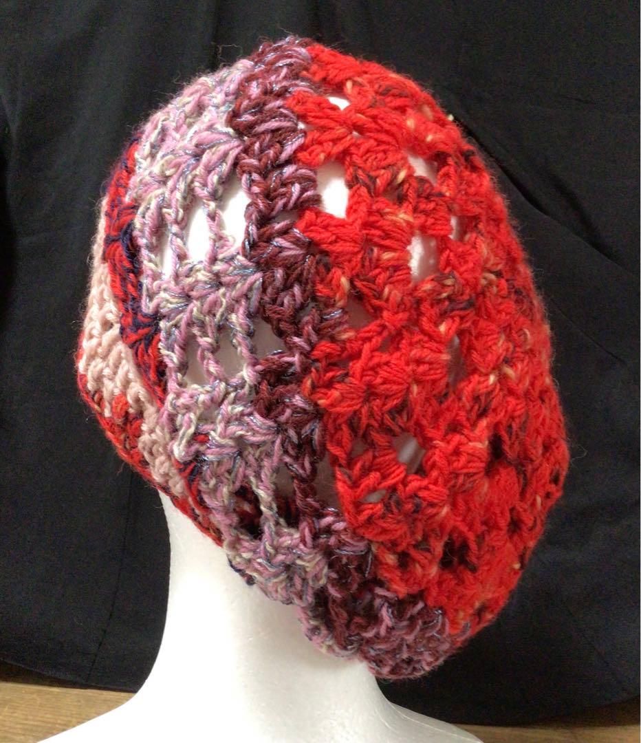 手作りニット帽　タム　　ベレー帽　赤　ピンク　ウール80%