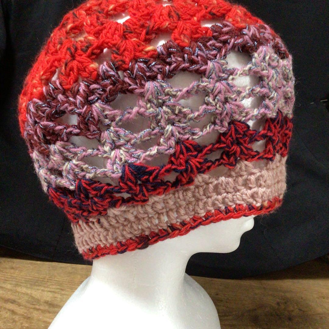 手作りニット帽　タム　　ベレー帽　赤　ピンク　ウール80%