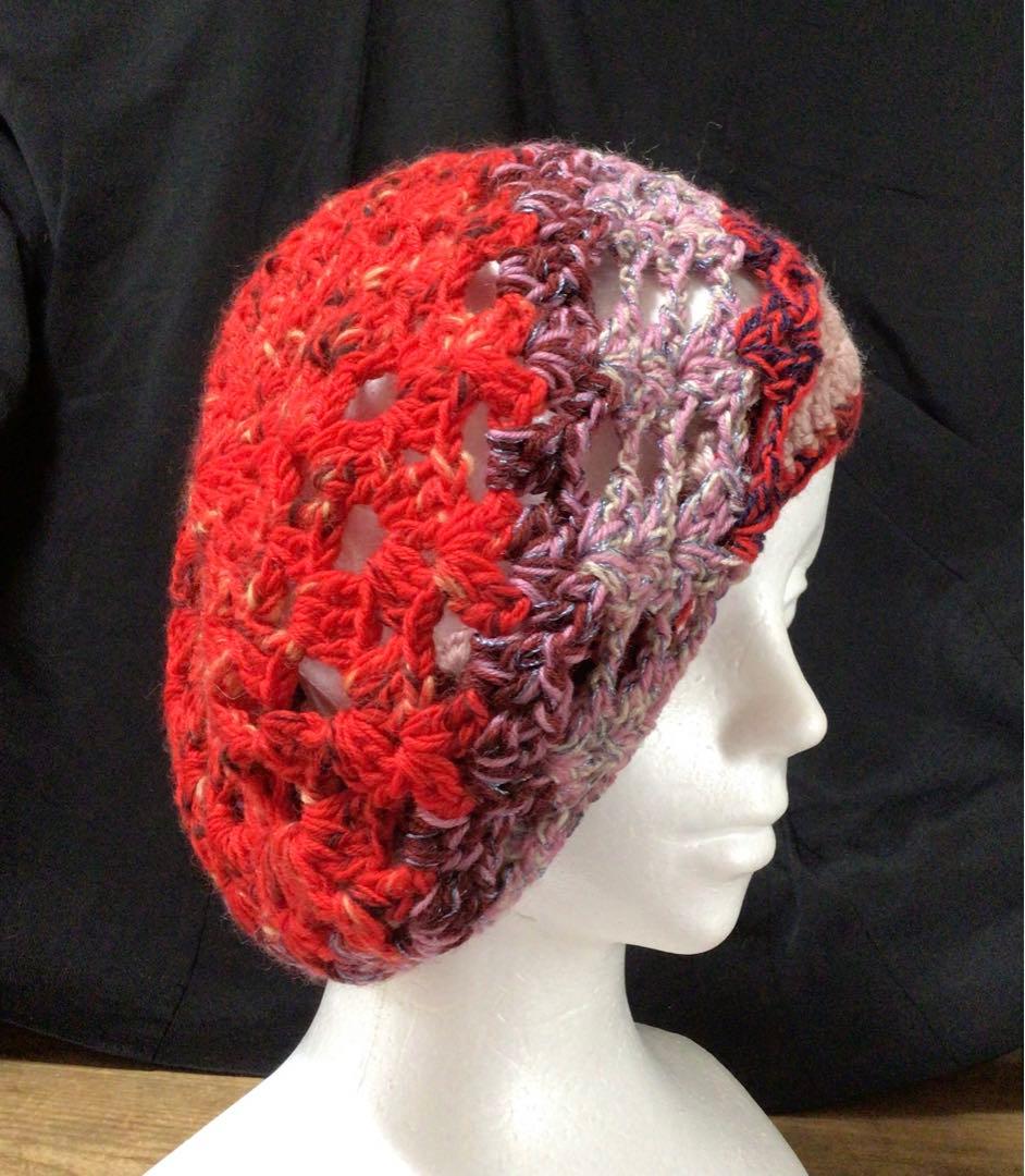 手作りニット帽　タム　　ベレー帽　赤　ピンク　ウール80%