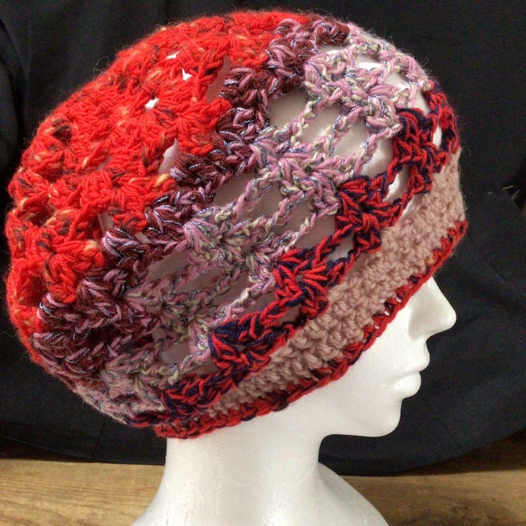 手作りニット帽　タム　　ベレー帽　赤　ピンク　ウール80%