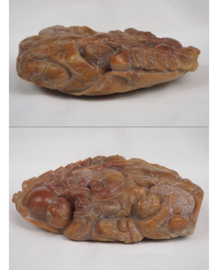 送料無料　時代物　寿山石彫刻 唐子寿老人置物 中国古玩