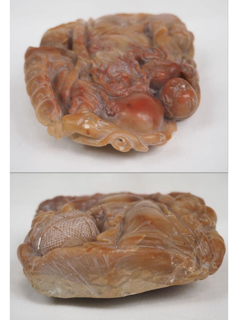 送料無料　時代物　寿山石彫刻 唐子寿老人置物 中国古玩