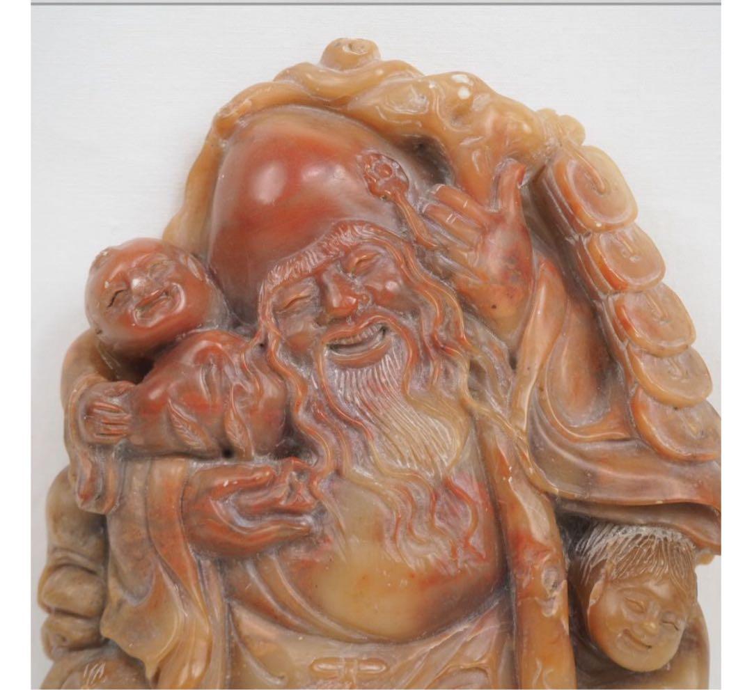送料無料　時代物　寿山石彫刻 唐子寿老人置物 中国古玩