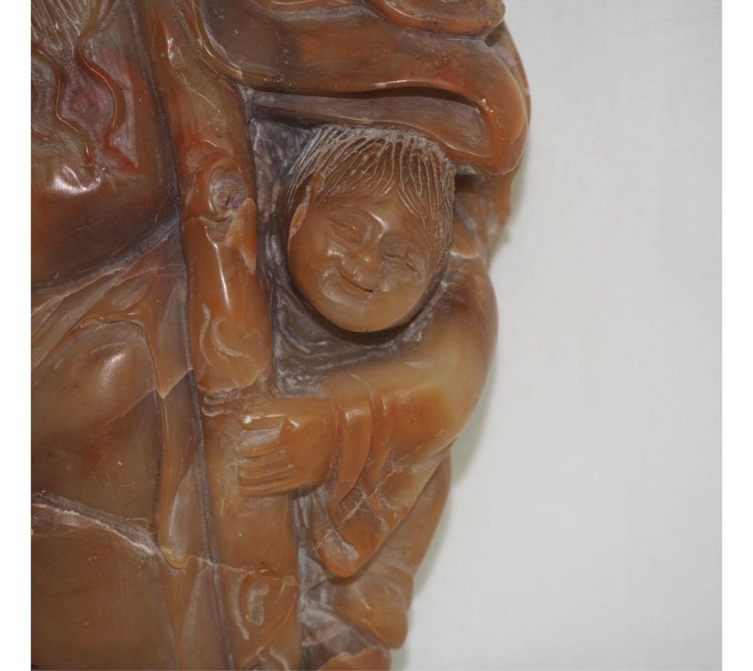 送料無料　時代物　寿山石彫刻 唐子寿老人置物 中国古玩