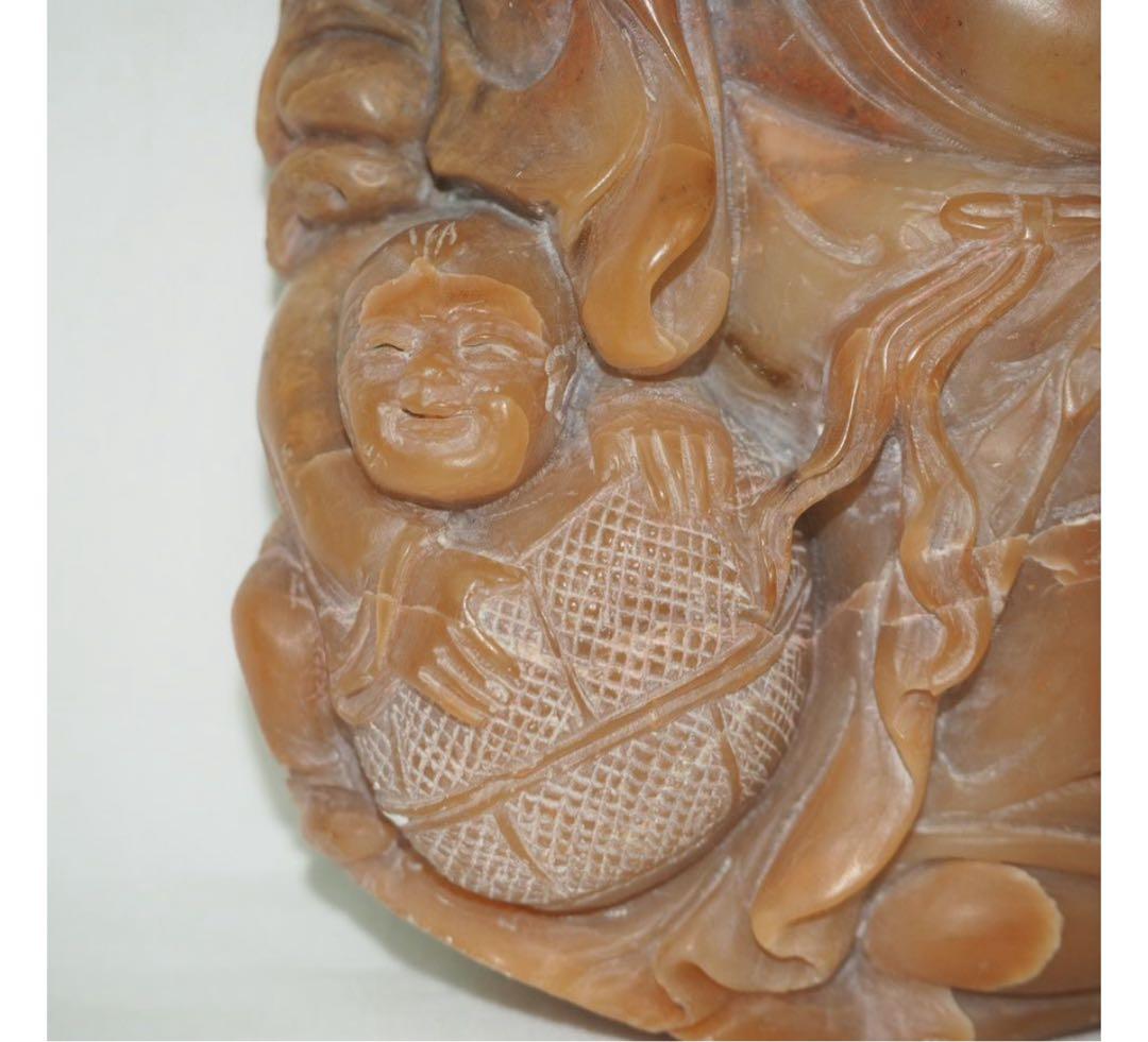 送料無料　時代物　寿山石彫刻 唐子寿老人置物 中国古玩