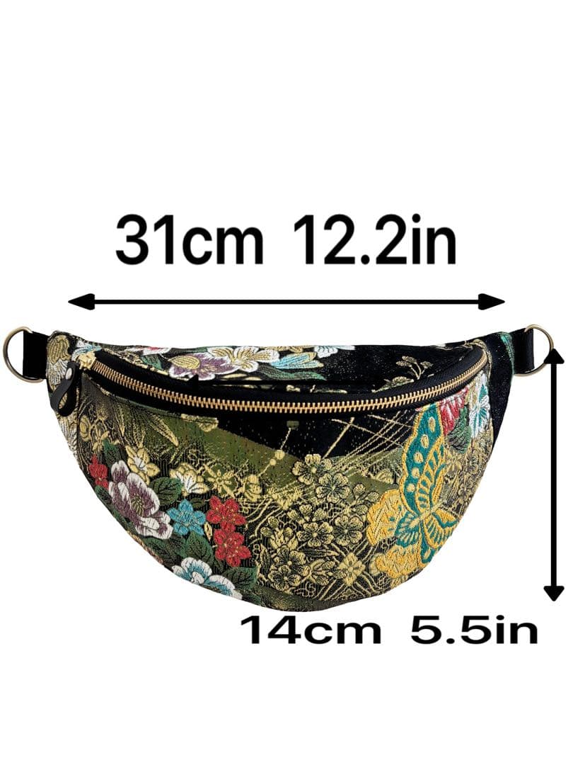 帯リメイクバッグ　ボディバッグ 蝶と四季の花々 ショルダーバッグ 右側に蝶々