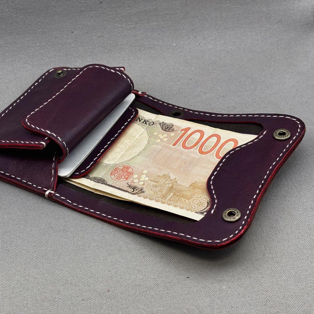 ハンドメイド（手縫い）ヌメ革（バーガンディ） 二つ折り財布
