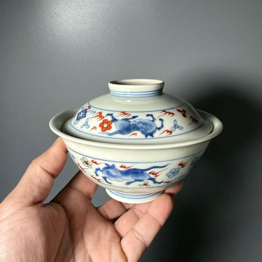 人間国宝　十三代　今泉今右衛門　錦　火馬文様蓋物　五客　共箱　高級ライン