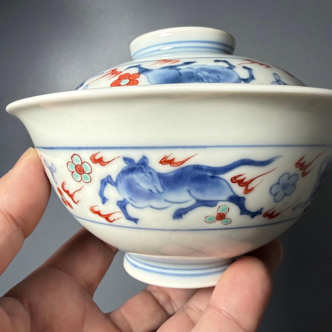 人間国宝　十三代　今泉今右衛門　錦　火馬文様蓋物　五客　共箱　高級ライン