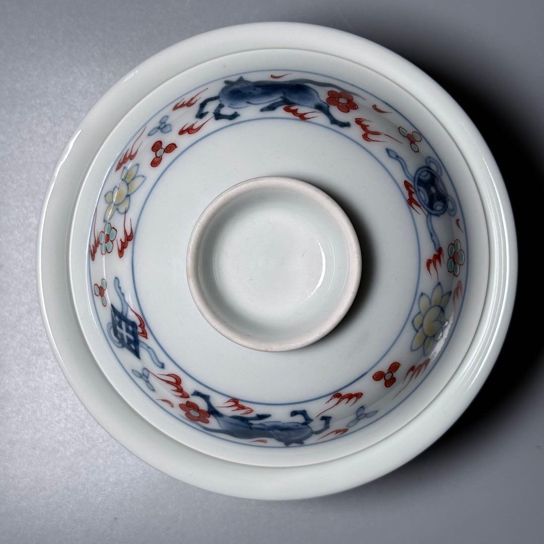 人間国宝　十三代　今泉今右衛門　錦　火馬文様蓋物　五客　共箱　高級ライン