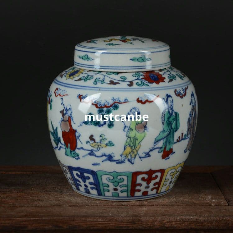 斗彩八仙天字缶 茶筒 景徳鎮 陶磁器 装飾品 現代工芸品 美術品 置物