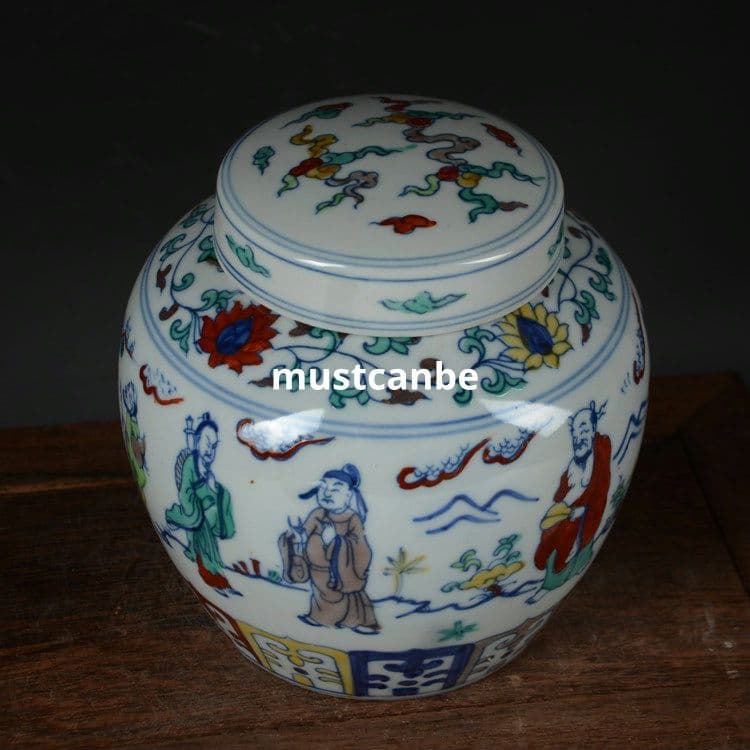 斗彩八仙天字缶 茶筒 景徳鎮 陶磁器 装飾品 現代工芸品 美術品 置物