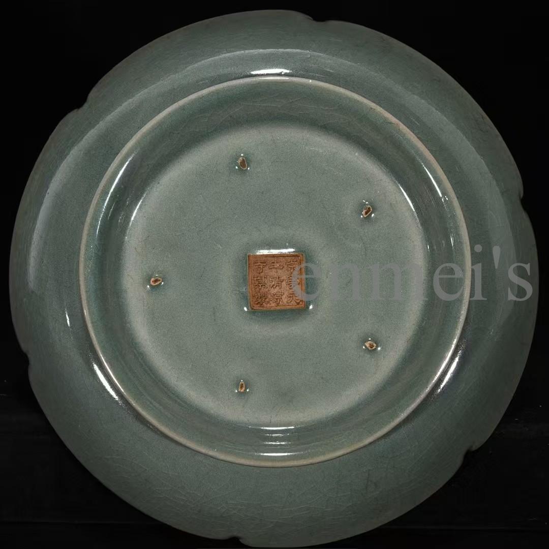 中国古美術・宋汝窯風螺鈿龍紋葵口中皿・陶器・置物・書道・茶道具・文房具・風水置物