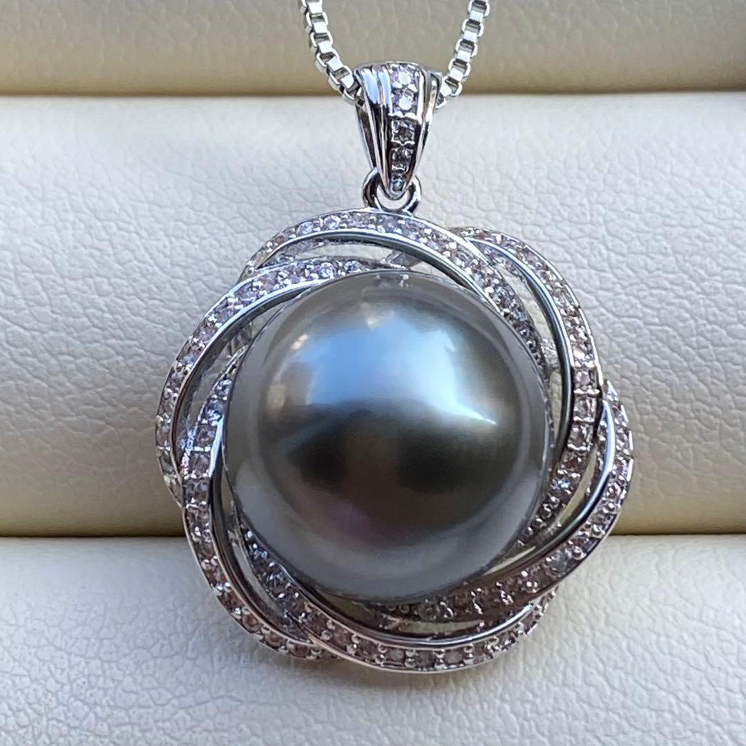 本真珠　南洋黒蝶真珠ネックレストップ　12.6mmダークグリーンPT817