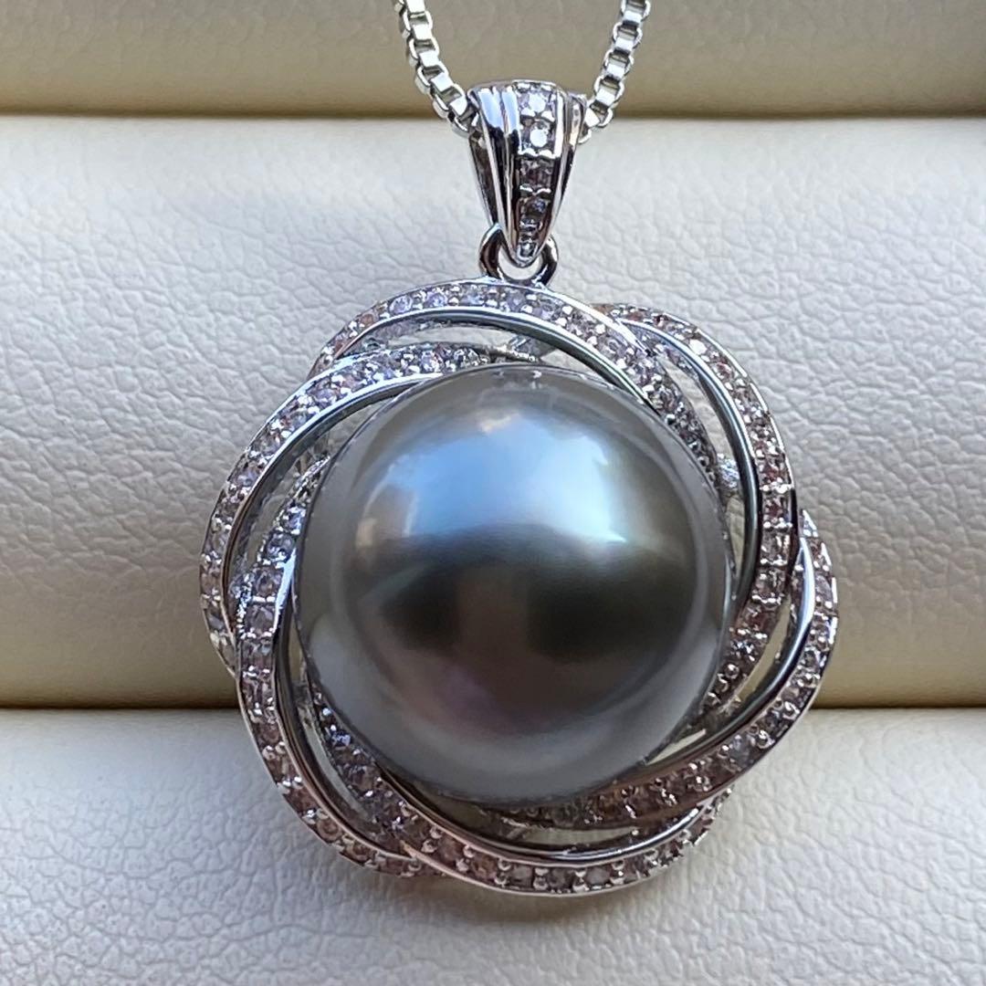 本真珠　南洋黒蝶真珠ネックレストップ　12.6mmダークグリーンPT817