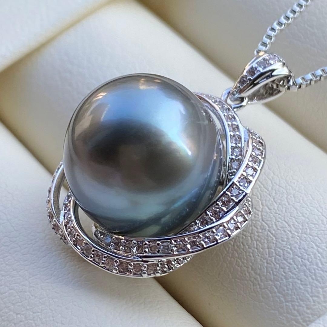 本真珠　南洋黒蝶真珠ネックレストップ　12.6mmダークグリーンPT817