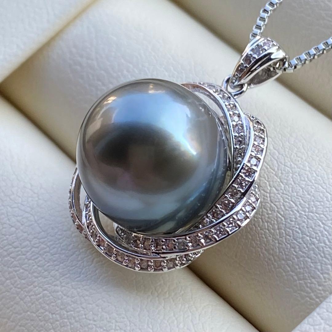 本真珠　南洋黒蝶真珠ネックレストップ　12.6mmダークグリーンPT817