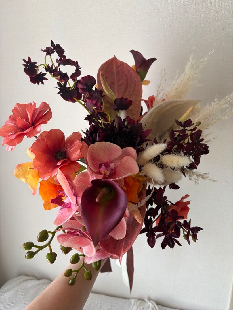 造花ブーケ ピンク オレンジ 紫、ブートニア、ヘアフラワーセット
