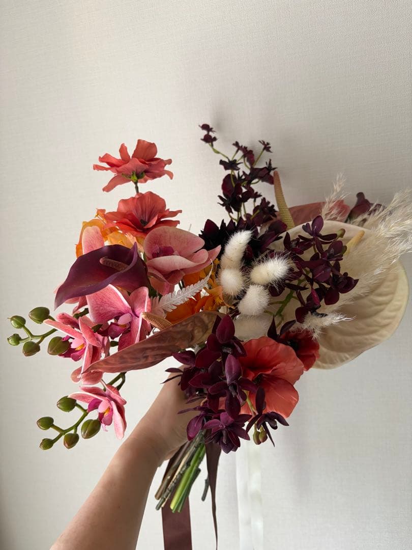 造花ブーケ ピンク オレンジ 紫、ブートニア、ヘアフラワーセット
