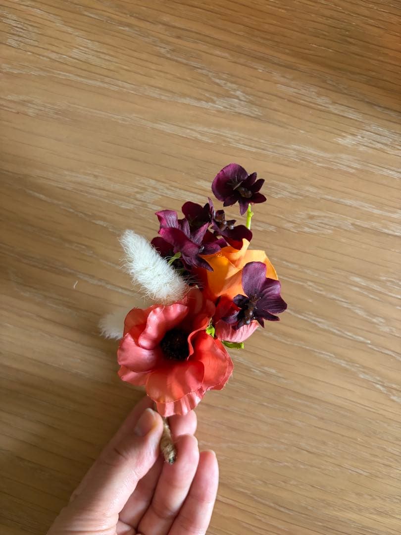 造花ブーケ ピンク オレンジ 紫、ブートニア、ヘアフラワーセット