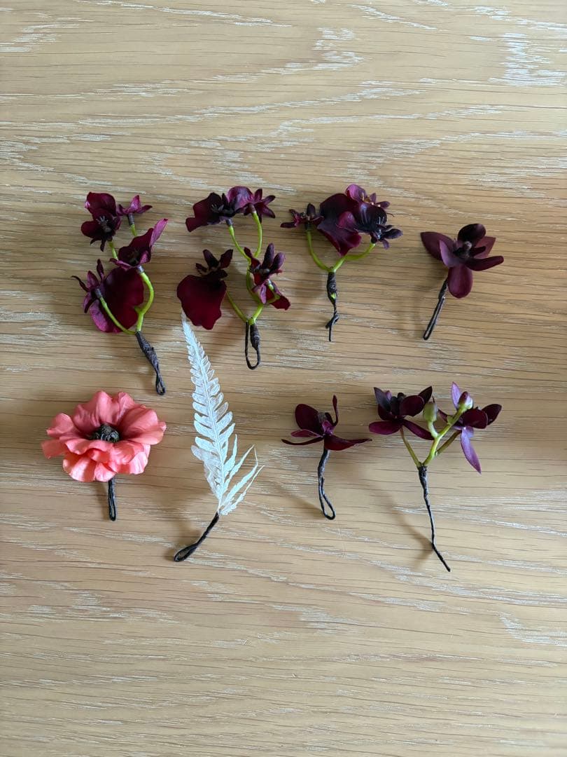 造花ブーケ ピンク オレンジ 紫、ブートニア、ヘアフラワーセット