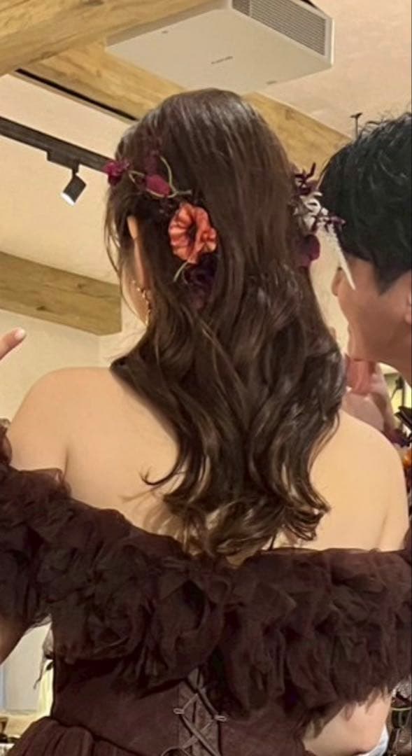 造花ブーケ ピンク オレンジ 紫、ブートニア、ヘアフラワーセット
