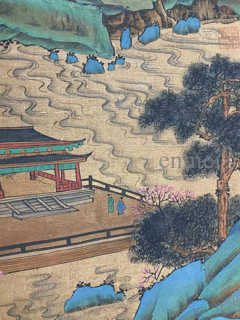 中国古美術 明代 謝時臣款 山水画 掛軸 手描き 絹布 唐物 書画 国画 在銘