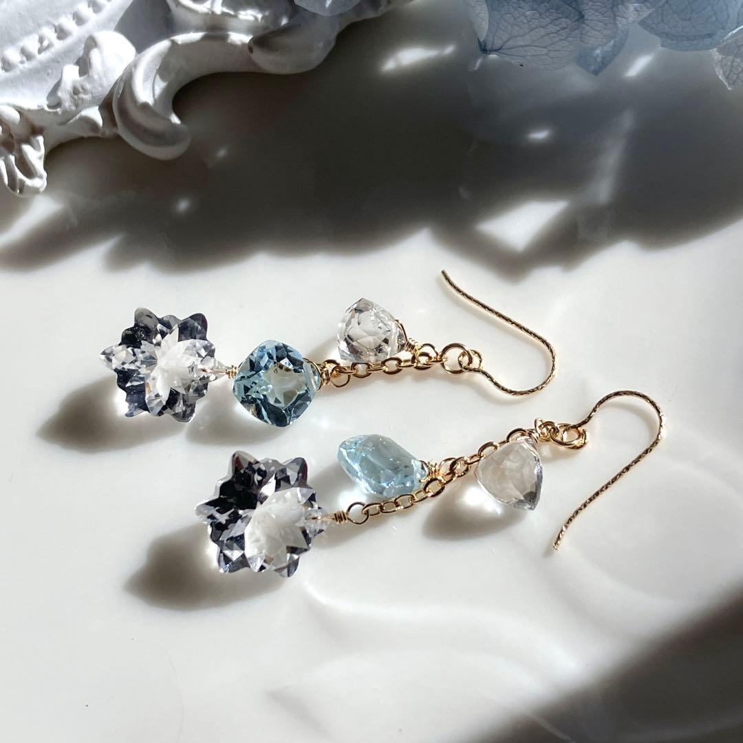 ポメころび◆ラスト1点✧雪の結晶✧水晶×スカイブルートパーズピアス
