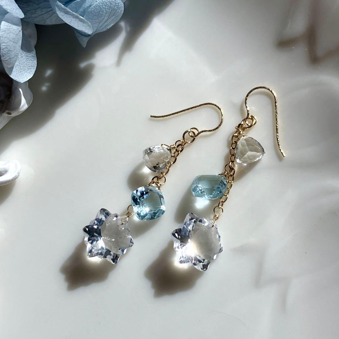 ポメころび◆ラスト1点✧雪の結晶✧水晶×スカイブルートパーズピアス