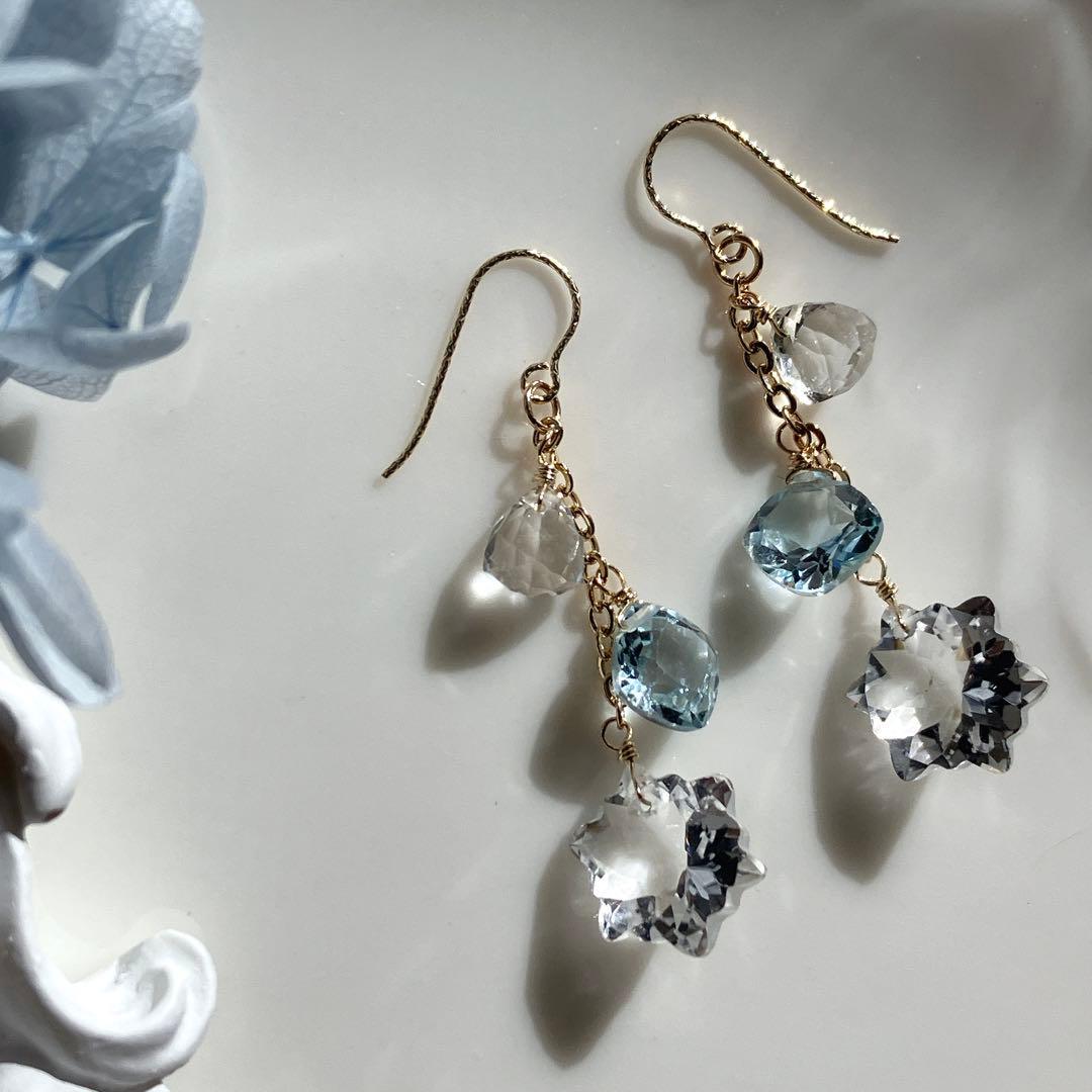 ポメころび◆ラスト1点✧雪の結晶✧水晶×スカイブルートパーズピアス
