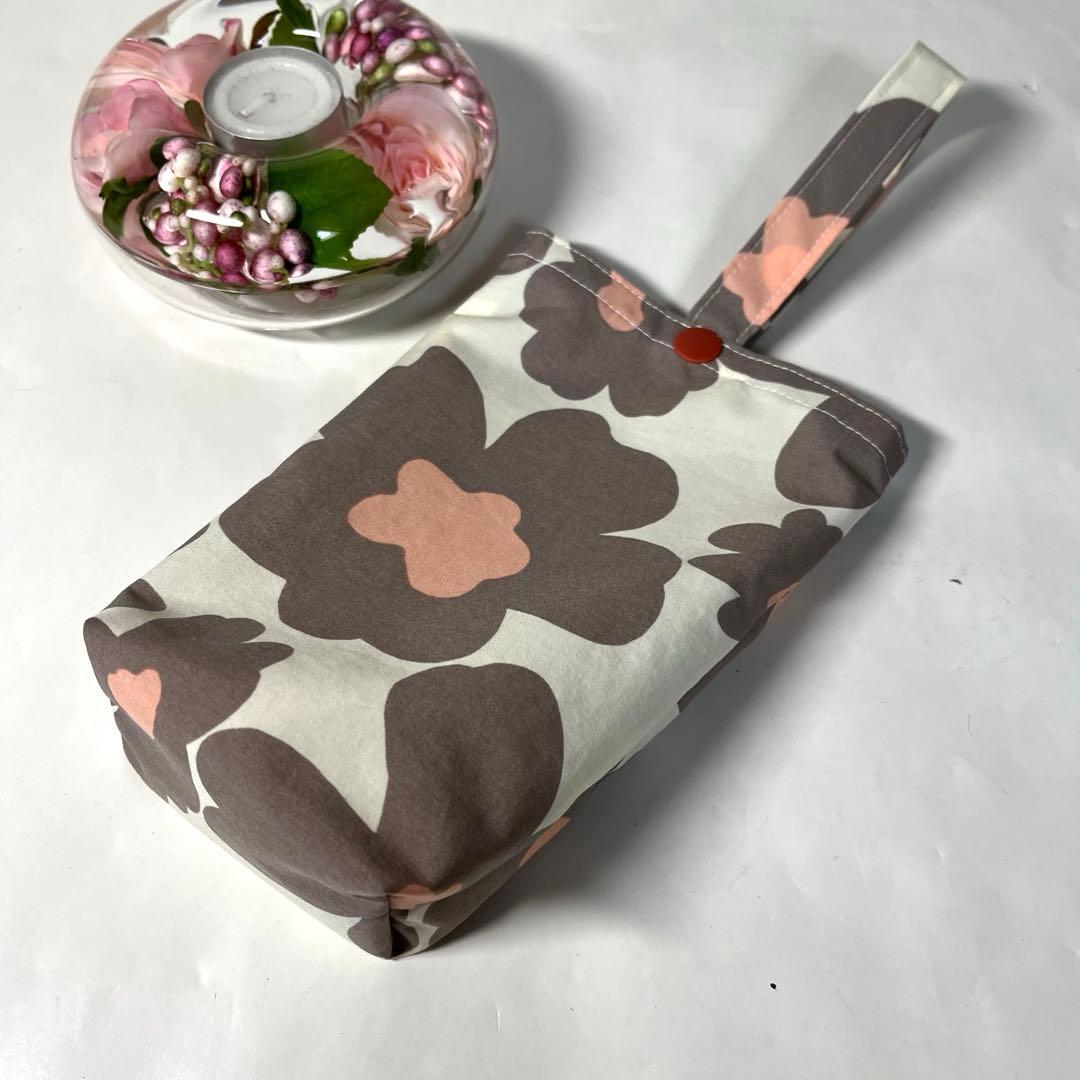 モチむぎ☘️エコバッグ　北欧風グレージュ大花柄　撥水　ミニバッグ付き