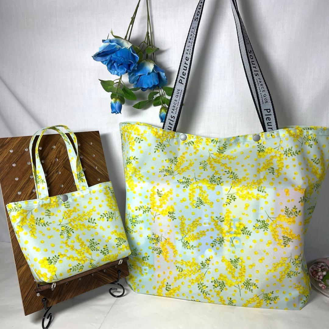 モチむぎ☘️エコバッグ　北欧風グレージュ大花柄　撥水　ミニバッグ付き