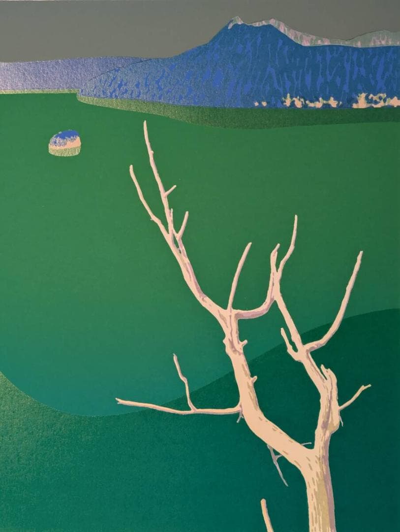 【真作】版画　本間武男　シルクスクリーン　湖の朝Ⅱ　北海道風景　Z2