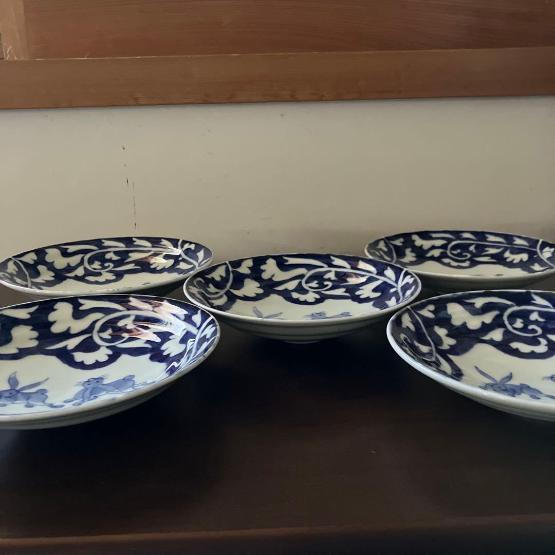 惣太窯　そうた窯　うさぎ模様　草花模様　深皿　5枚セット