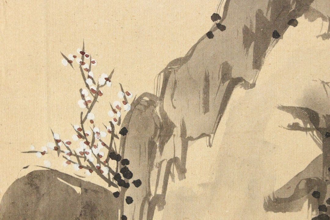 No5215 掛軸　在銘　雅邦　山水、飛鶴図　着色絹本　日本画　古美術　送料無料