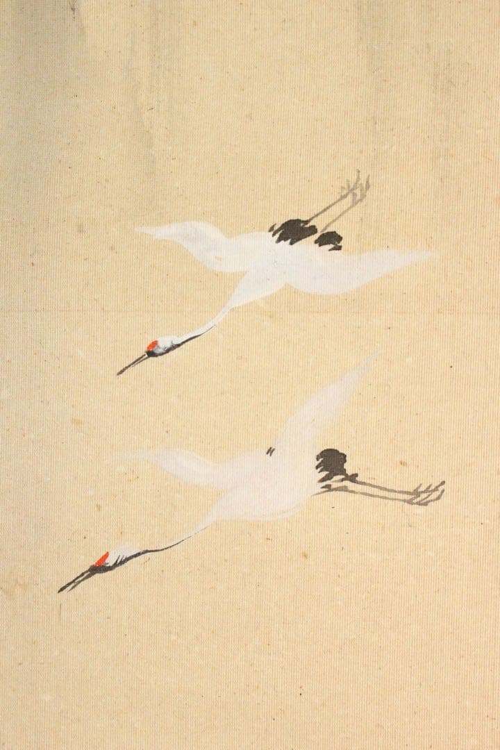 No5215 掛軸　在銘　雅邦　山水、飛鶴図　着色絹本　日本画　古美術　送料無料