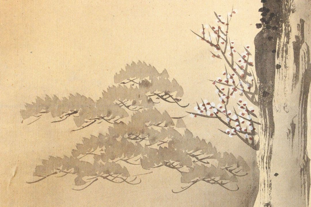 No5215 掛軸　在銘　雅邦　山水、飛鶴図　着色絹本　日本画　古美術　送料無料