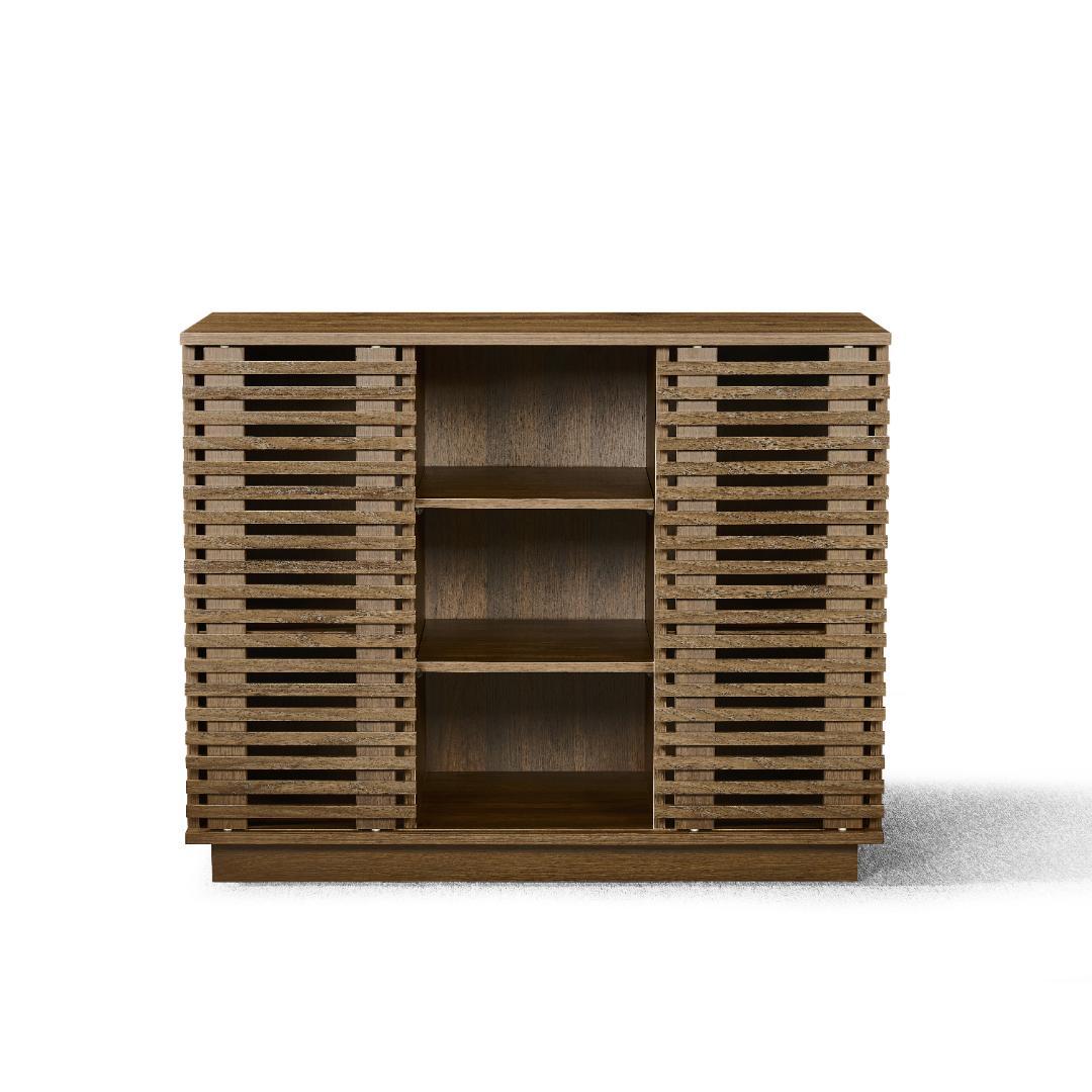 【新品】オーク色サイドボード 大容量収納キャビネット ムービングドア