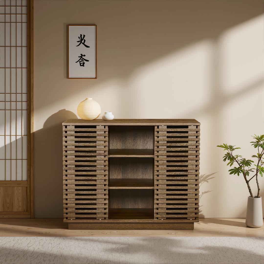 【新品】オーク色サイドボード 大容量収納キャビネット ムービングドア