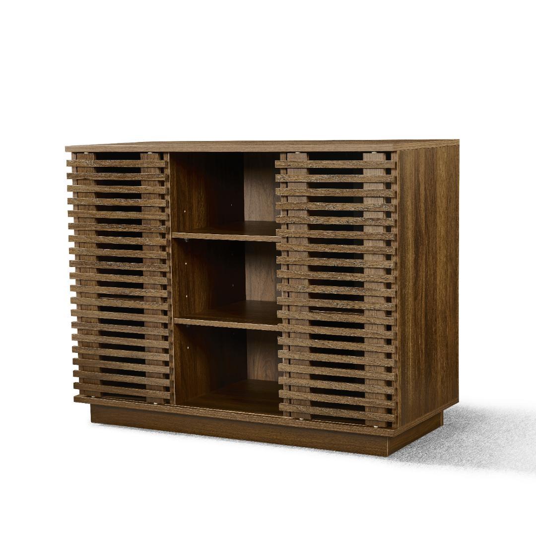 【新品】オーク色サイドボード 大容量収納キャビネット ムービングドア