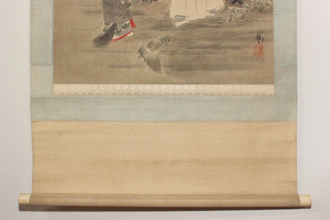 No4517 掛軸　岸田鶴立　高砂図　着色絹本　鳥取藩　日本画　古画　送料無料