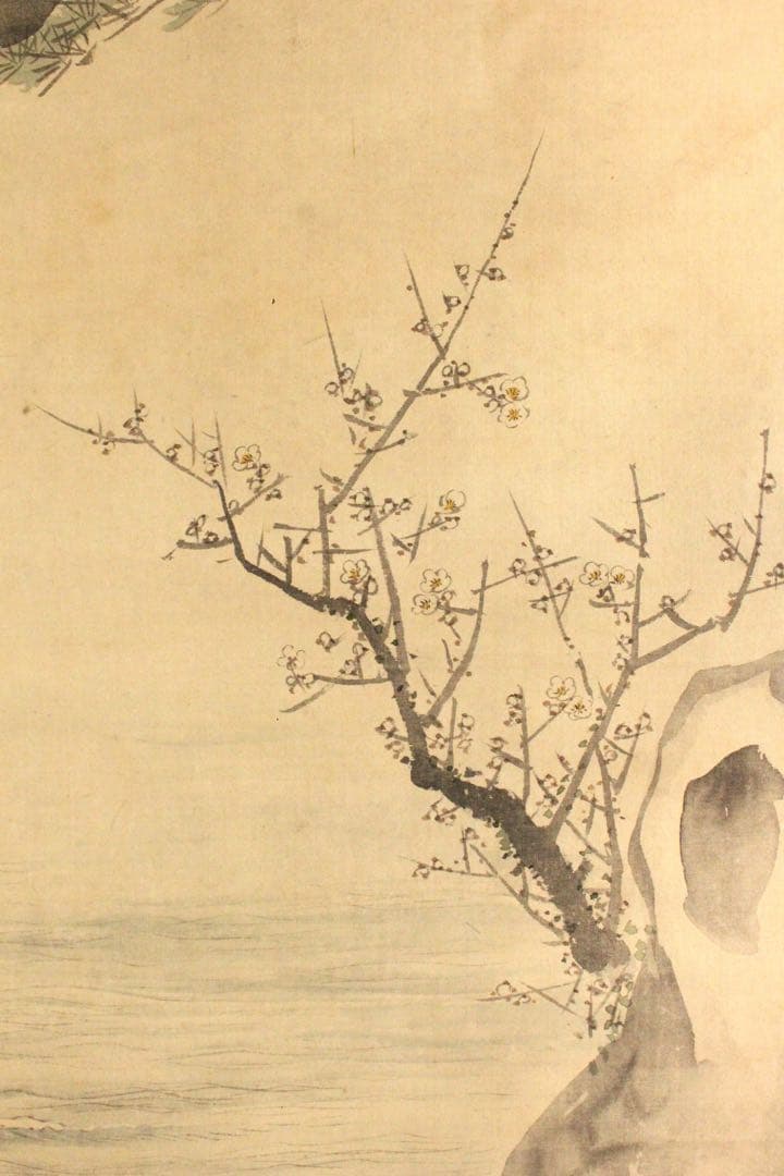 No4517 掛軸　岸田鶴立　高砂図　着色絹本　鳥取藩　日本画　古画　送料無料