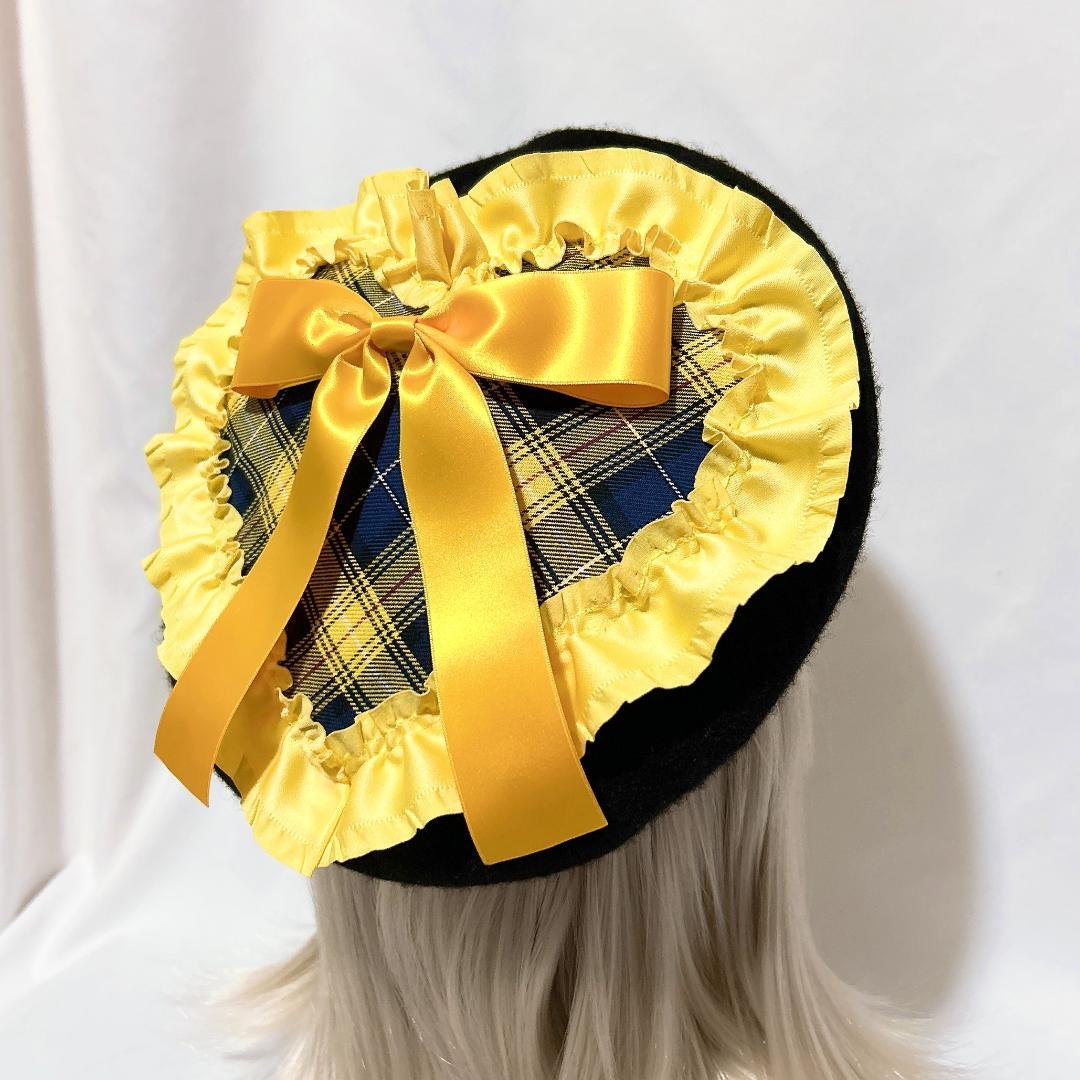 ハンドメイド ハート ベレー帽 タータンチェック イエロー ロリィタ 黄