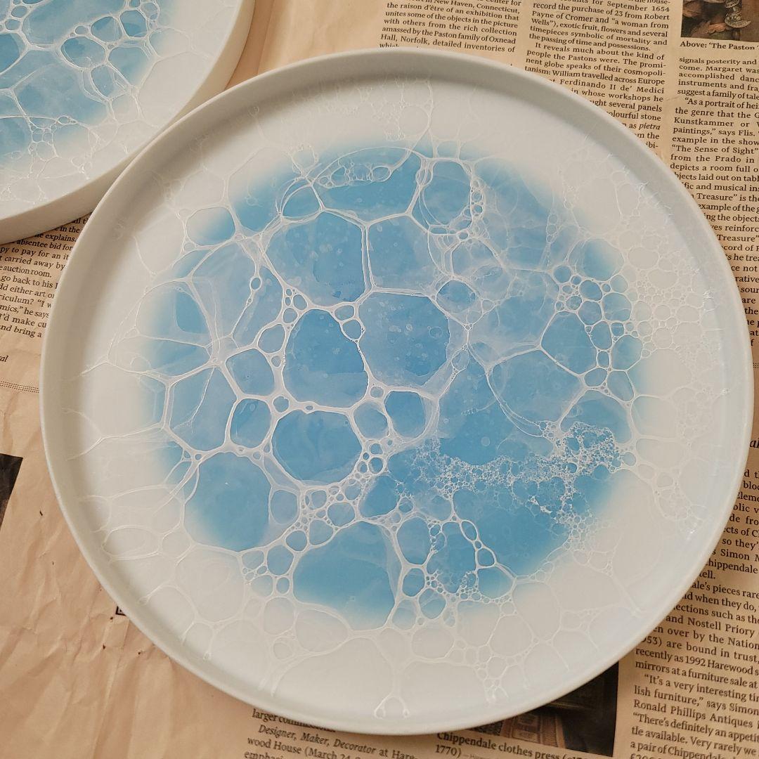 やま平窯 シャーレプレート22cm ブルー吹白泡 ２ＳＥＴ