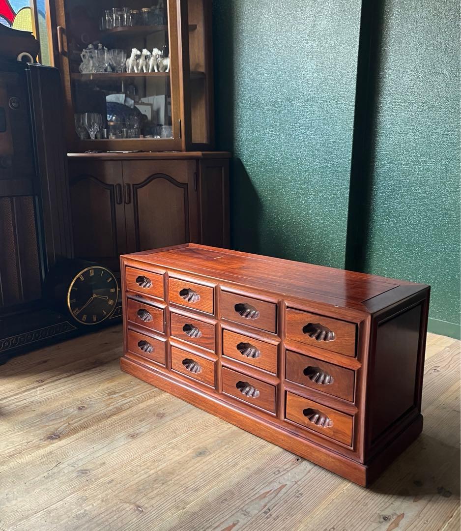 薬箪笥 唐木 紫檀 無垢材 薬棚 小物入れ 小箪笥 12引出し 昭和レトロ