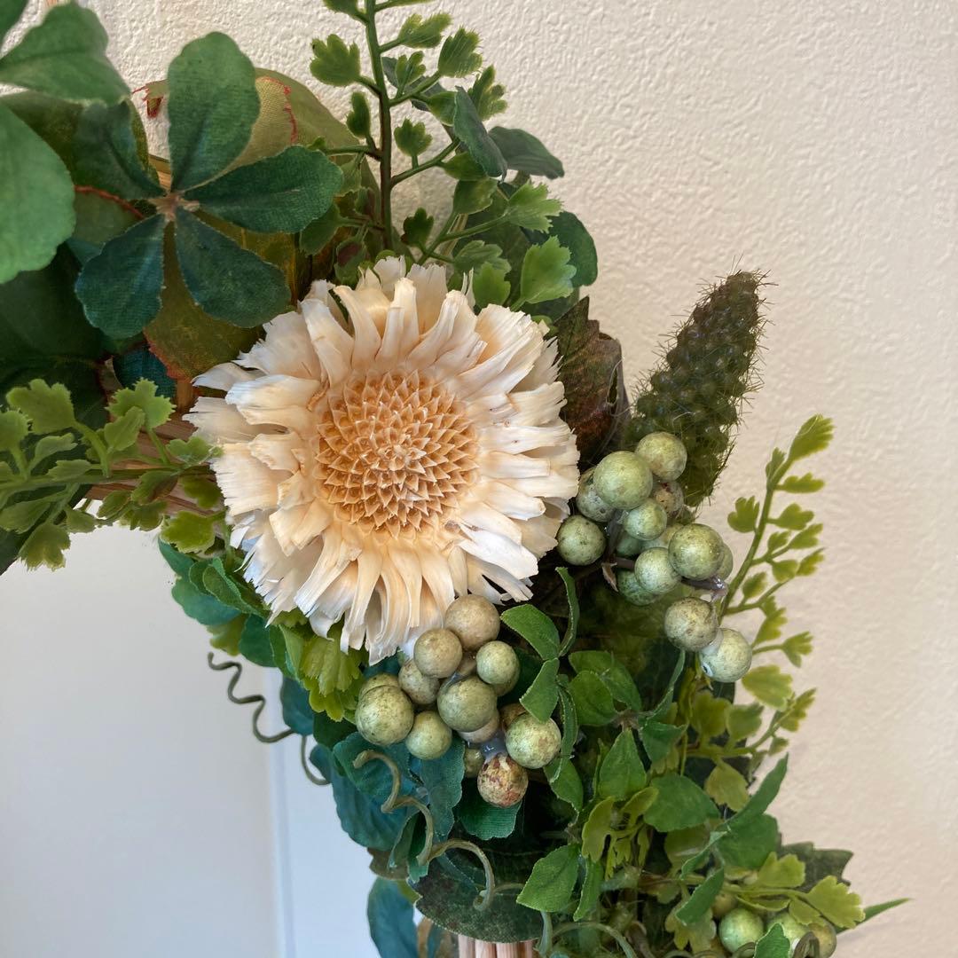 ⊹˚ラタンミラー　アーティフィシャル＆ドライフラワーアレンジ⊹壁掛け　ナチュラル