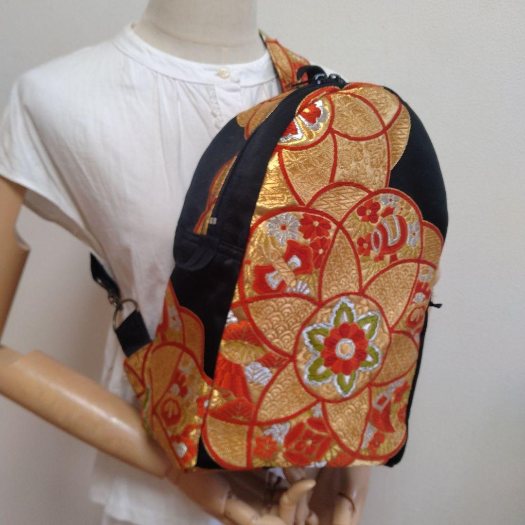 帯リメイク　ボディバッグ　金糸朱色　着物メイク